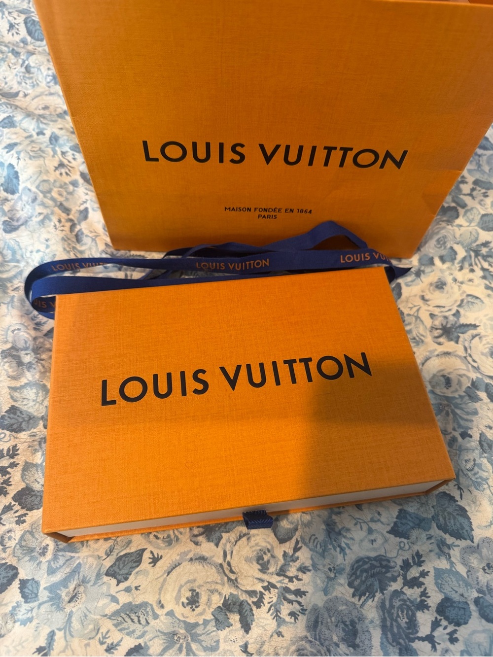 Small Louis Vuitton Orange Gift Box and Bag with Navy Branded Ribbon